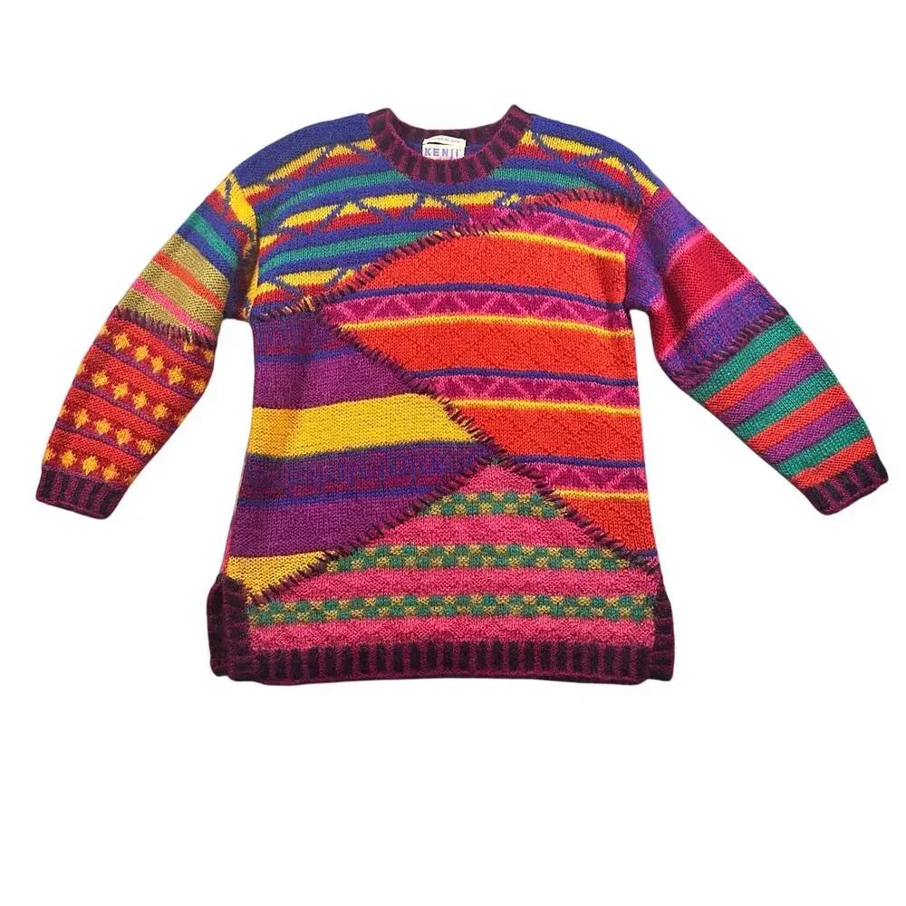 Kenji Hand Knit Sweater Vintage 80s Coogi Style Colorful Medium EUC